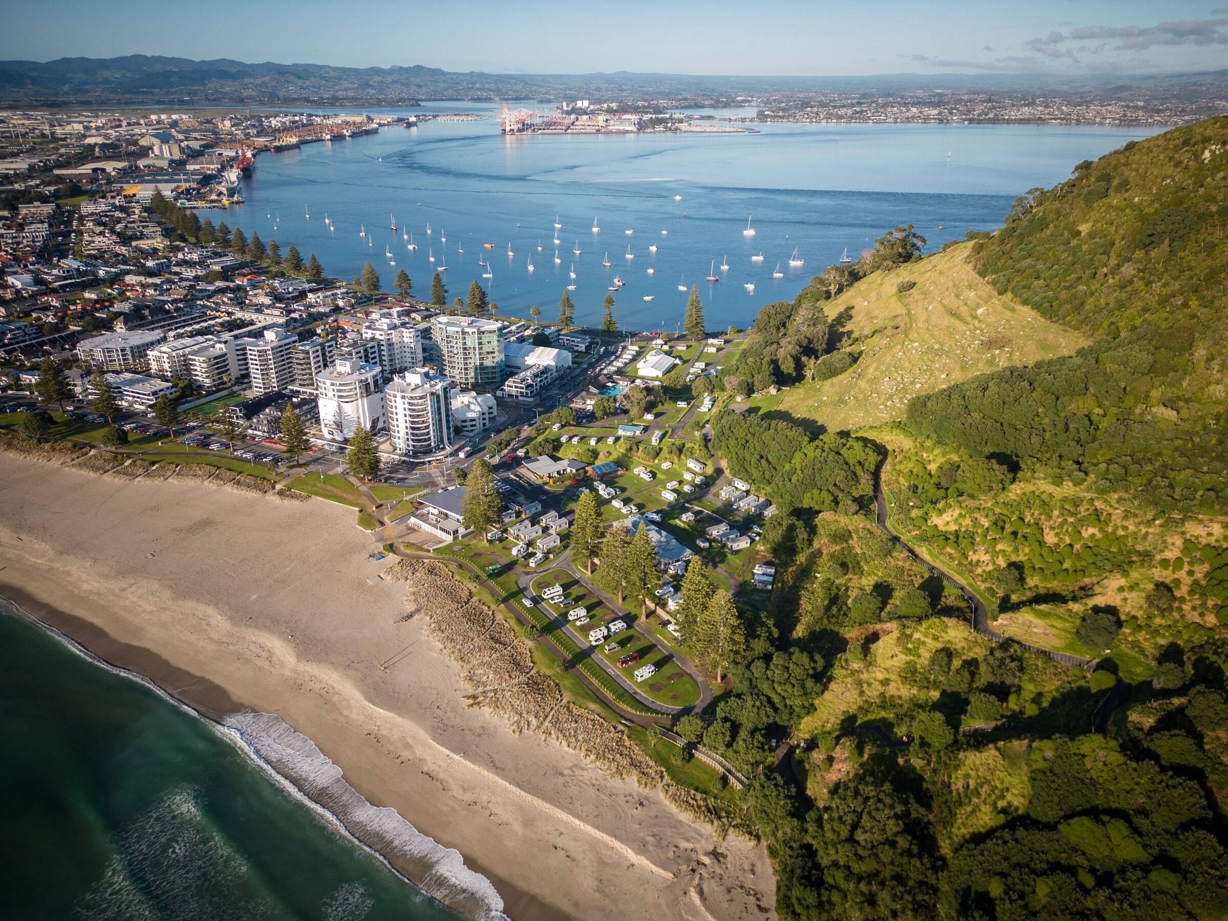 Aerial view of Mount Maunganui with Bay of Plenty and modern buildings